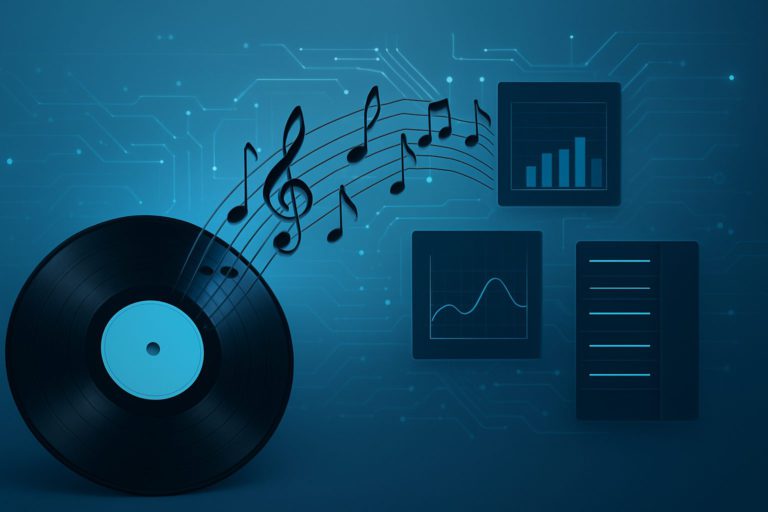 A vinyl record with musical notes and digital interface elements in the background representing technology and music.