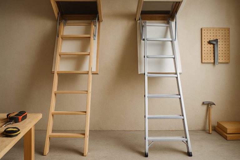 Comparison of a wooden loft ladder and an aluminium loft ladder in an indoor setting